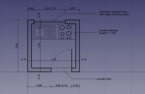 Dessin 2D traditionnel Dessiner un plan d'étage avec des lignes, des câbles, des rectangles, des arcs de cercle et ajoutez des motifs de hachure, des annotations et des dimensions. Exporter le résultat au format DXF.