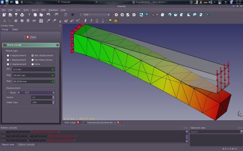 FEM CalculiX Cantilever 3D (v0.20) Il s'agit d'un exemple inclus dans chaque installation de FreeCAD. Démontre une analyse de base avec le solveur CalculiX FE. Purger le résultat en cours, relancer le solveur et visualiser les déplacements et les contraintes dans le maillage déformé dans la fenêtre d'affichage.