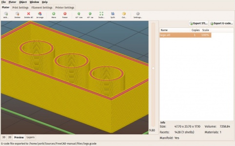 Préparer les modèles pour l'impression 3D (v0.16) Convertir un objet solide en objet maillé à l’aide de l'atelier Mesh, exporter le maillage au format STL et utiliser Slic3r pour préparer le G-code. Vous pouvez aussi utiliser l'atelier Cura ou l'atelier CAM pour générer le G-code.