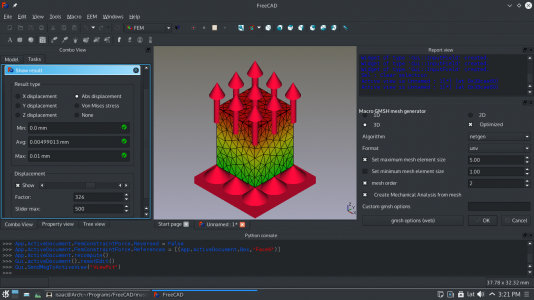 Simple FEM introduction (v0.20) This is a short introduction to the steps required to perform an analysis in the FEM Workbench: model your object, create a mesh, add constraints and forces, add a material, run the solver, and visualize the results.